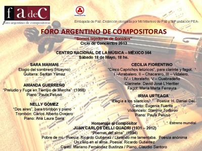 Concierto del Foro Argentino de Compositoras / Sábado 18 de mayo en el Centro Nacional de la Música, 18 hs.